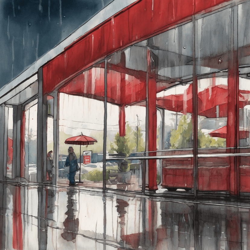 Raindrop distorts L'Allegro's red awning reflection.